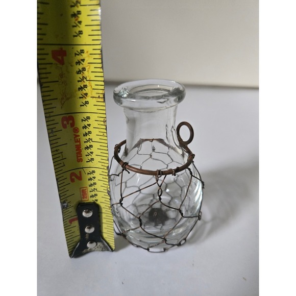 Mini Bud Vase Dainty Glass with Wire Mesh Accent / Hanging Loop Rustic Artistic - Picture 2 of 4